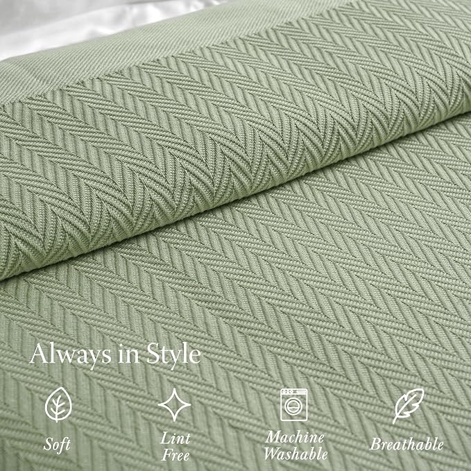 Threadmill Cotton Queen Blanket, Herringbone, Sage Green, Machine Washable | 100% Cotton, Herringbone Pattern, 90x92 in, Breathable, All-Season, OEKO-TEX Certified, Machine Washable - Image 4