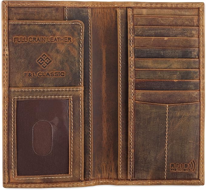 F&L CLASSIC Men's RFID Vintage Look Genuine Leather Long Bifold Wallet Checkbook Wallets,buffalo wax vintage leather,240 wax brown - Image 2
