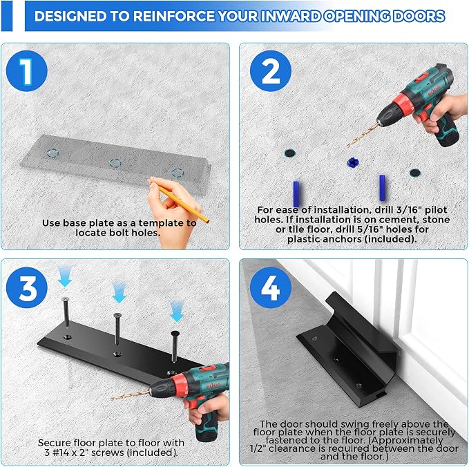 Lock Door Brace,Double Safety Protection French Security Door Brace,Residential Door Lock Barricade,Black-Door Barricade Security Lock Door Brace Fits Blemished Door, Standard Doors, French Doors - Image 6