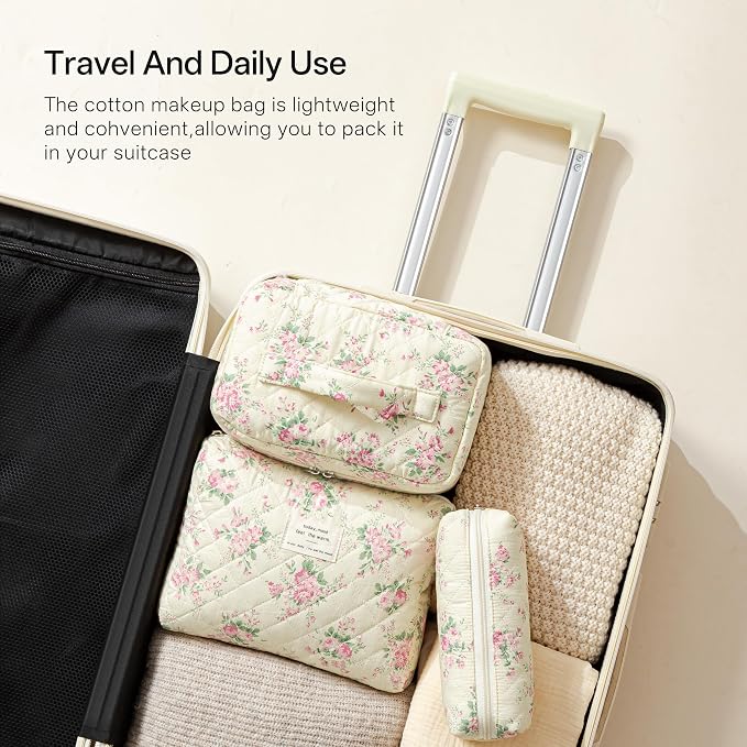 HBselect Quilted Makeup Bag, 3Pcs Cotton Large Travel Makeup Bags Organizer | Cute Floral Make up Bag Cosmetic Bag Toiletry Bag for Women Girls, Makeup Pouch for Skincare, Brushes & Travel Essentials - Image 3