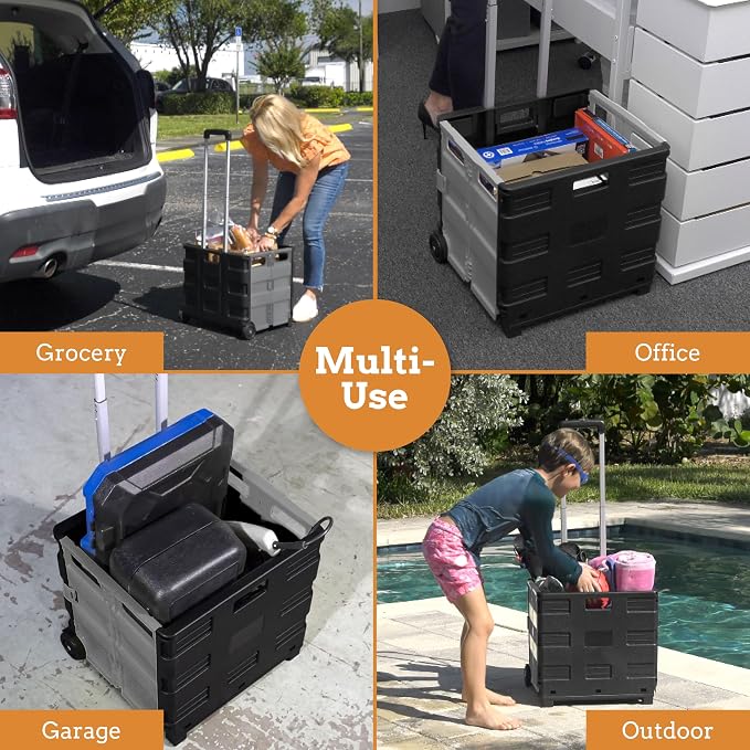 Inspired Living Ultra-Slim Rolling Collapsible Storage Pack-N-Roll Utility-carts, with Telescopic Handle, for Home, Garden, Shopping, Office, School use, Medium, Grey & Black - Image 5