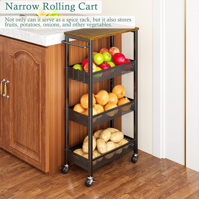 XYZLVSI Slim Rolling Storage Cart, 4 Tier Small Bathroom Cart Organizer | 9.1" W narrow storage cabinet with wooden top and metal handle, ideal for kitchen/dorm, between washer and dryer storage - Image 6