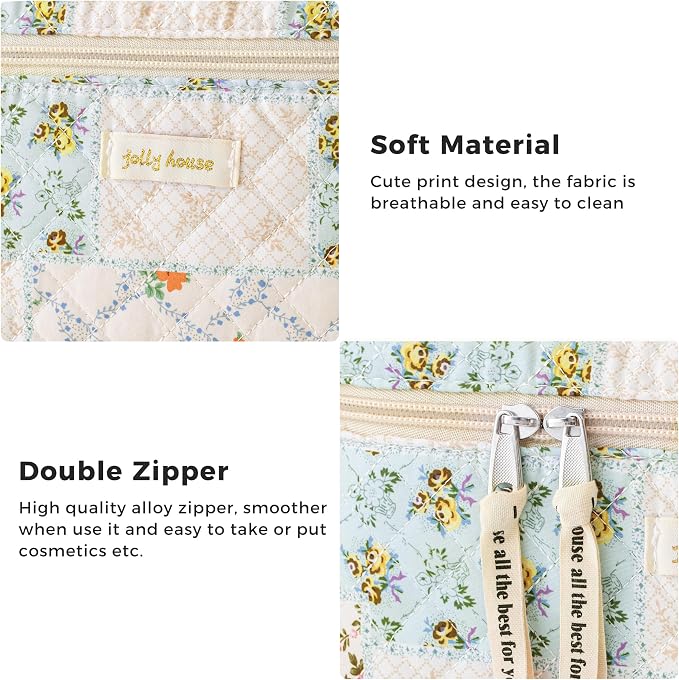 HBselect Quilted Makeup Bag, 3Pcs Cotton Large Travel Makeup Bags Organizer | Cute Floral Make up Bag Cosmetic Bag Toiletry Bag for Women Girls, Makeup Pouch for Skincare, Brushes & Travel Essentials - Image 5