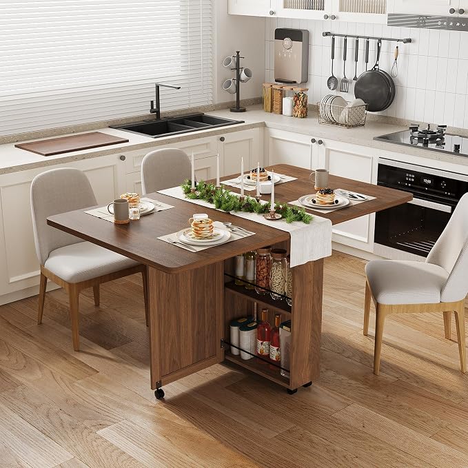 Garvee Folding Dining Table with Storage, Folding Kitchen Table with 6 Wheels, Drawer & Shelves, Compact Dining Table for Small Spaces - Image 3