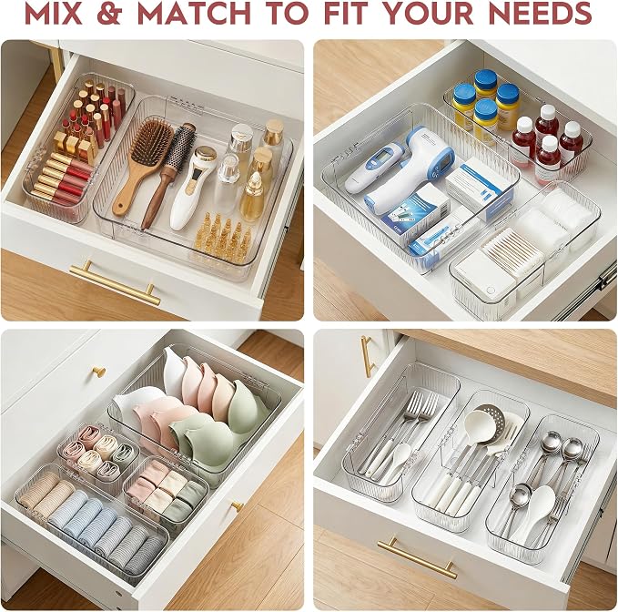 Expandable Drawer Organizer Set, Clear Adjustable Drawer Dividers, 4-Piece Storage Trays for Kitchen, Bathroom, Makeup, Office, Durable PET Material - Image 7