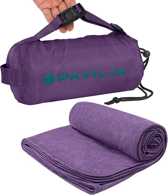 PAVILIA Travel Blanket Airplane Compact with Bag Lightweight, Purple | Soft Fleece Plane Long Flights, Camping Road Trips, Packable Traveler Gift Essentials with Luggage Backpack Strap, 65x40 by PAVILIA