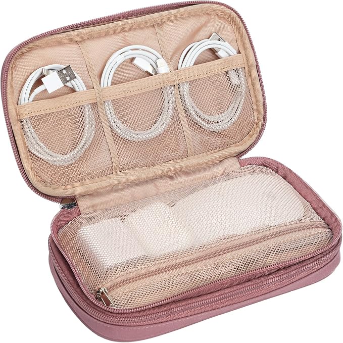 NISHEL Electronics Travel Organizer Cord Case, Charger Cable Tech Bag | Double-layer bag keeps chargers, cables, flash drive, and small tech essentials organized for trip, Medium, Rose-wood Pink - Image 5