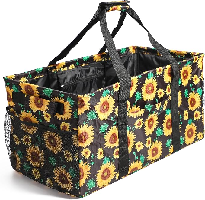 Joyfol Day Extra Large Utility Tote Bag, Reusable Grocery Bags Foldable, Upgraded Metal Frame, With Sturdy Handles Reinforced Bottom Heavy Duty Oxford Fabric Moving Shopping Bags, Sunflower by JoyfolDay
