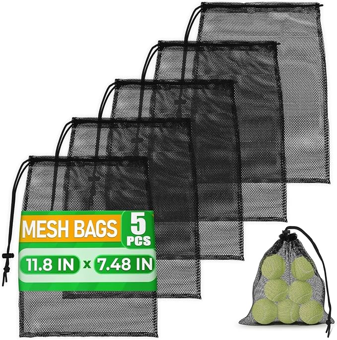 5 Pcs Small Mesh Bag Bulk, 11.8" x 7.48", Breathable Nylon (Black) | Reusable Small Mesh Bags Drawstring for Tennis, Golf, Travel, Beach, Sports Equipment, and Outdoor Activities; Tear-Resistant by TheLittleGreenChange