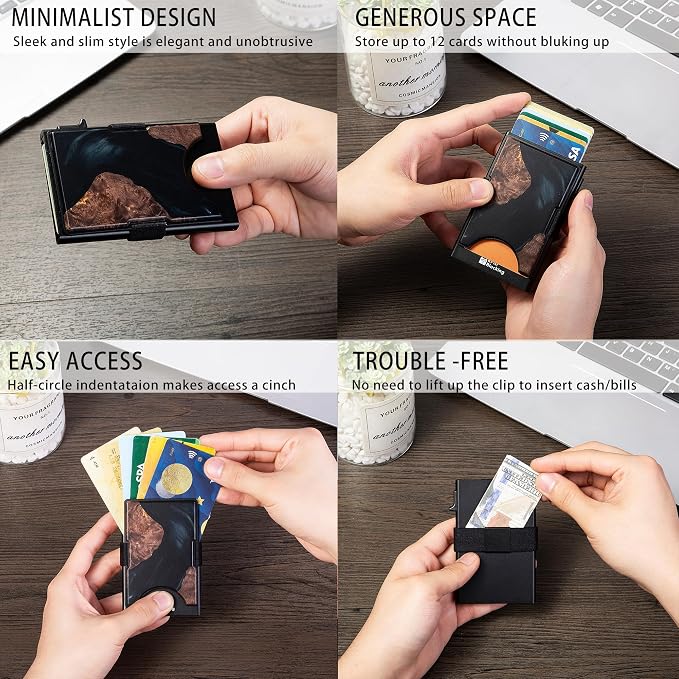 Slim Card Holder Wallet for Men, Minimalist RFID Blocking Pop Up Wallet, Smart Metal Business Card Case Holds 12 Cards, Money Clip, Front Pocket Wallet, Gifts for Men - Image 4