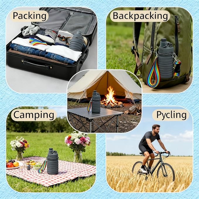 Silicone Collapsible Travel Water Bottles 17.6oz Dark Gray And Light Gray | Foldable Reusable Leakproof,With Mountaineering Buckle And Adjusting Rope For Sports Camping Hiking Cycling Yoga - Image 6