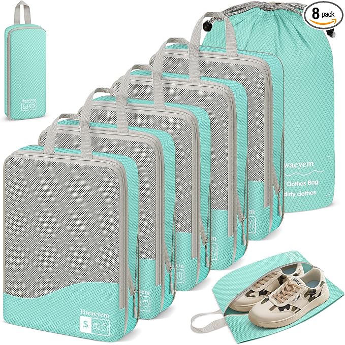 Compression Packing Cubes 8 Set, Dual Zipper Compression Packing Cubes for Travel, See-Through Mesh Packing Bags for Suitcases, Compression Cubes with Shoe Bag by HWAEYEM