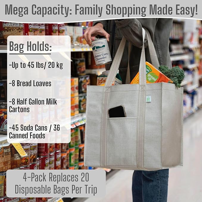 VENO 4 Pack Large Grocery Bag Reusable Shopping Bags with Hard Bottom | Utility Tote with Reinforced Handles, Heavy Duty, Foldable, Stand Upright, for Groceries Shopping Cart Storage(Beige, 4 Pack) - Image 4