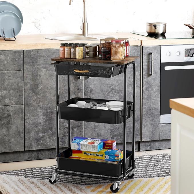 Simple Houseware 3-Tier Utility Cart with Drawer & Wood Top, Rustic Brown | Mobile Sofa Side Table, Nightstand, Slim Storage Organizer Trolley for Bedroom, Bathroom, Office & Art Supplies - Image 4