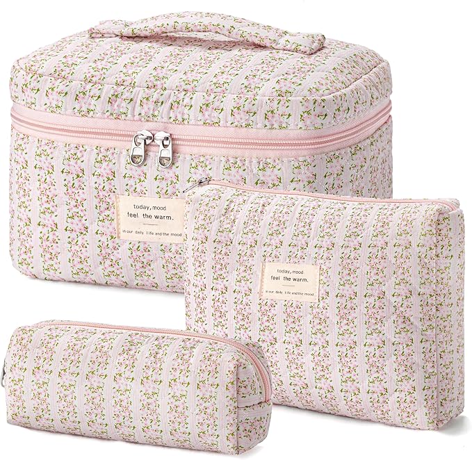 HBselect Quilted Makeup Bag, 3Pcs Cotton Large Travel Makeup Bags Organizer | Cute Floral Make up Bag Cosmetic Bag Toiletry Bag for Women Girls, Makeup Pouch for Skincare, Brushes & Travel Essentials by HBselect