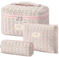 HBselect Quilted Makeup Bag, 3Pcs Cotton Large Travel Makeup Bags Organizer | Cute Floral Make up Bag Cosmetic Bag Toiletry Bag for Women Girls, Makeup Pouch for Skincare, Brushes & Travel Essentials by HBselect