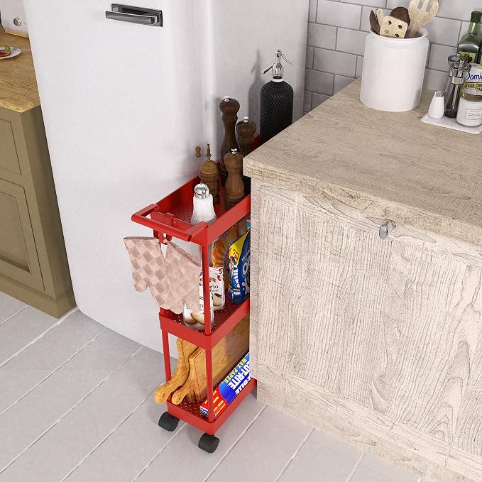 Simple Houseware 3-Tier Slim Rolling Cart w/Handle 5.5" Wx27.5 H, Red | Storage Cart for Narrow Space (5.5-Inch Wide) Kitchen, Bathroom, Laundry Room - Image 4