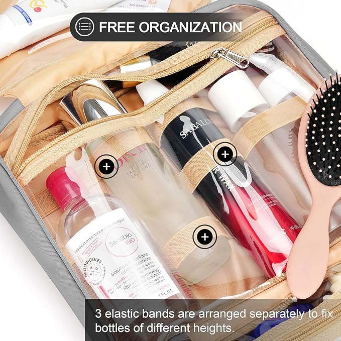 Travel Hanging Toiletry Bag for Women, Holds Full-Size Shampoo, with Jewelry Organizer Compartment, Extra Large Makeup Bag, Waterproof Cosmetic Bag, Toiletries Kit Set with Trolley Belt, Grey - Image 6