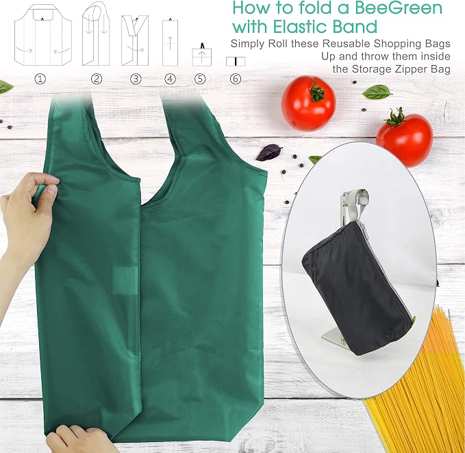BeeGreen Reusable Bags for Shopping Machine Washable 12 Pack Xlarge Grocery bags Reusable Heavy Duty Folding with Elastic Band Colorful Tote Gift Bags Lightweight Durable Polyester - Image 5