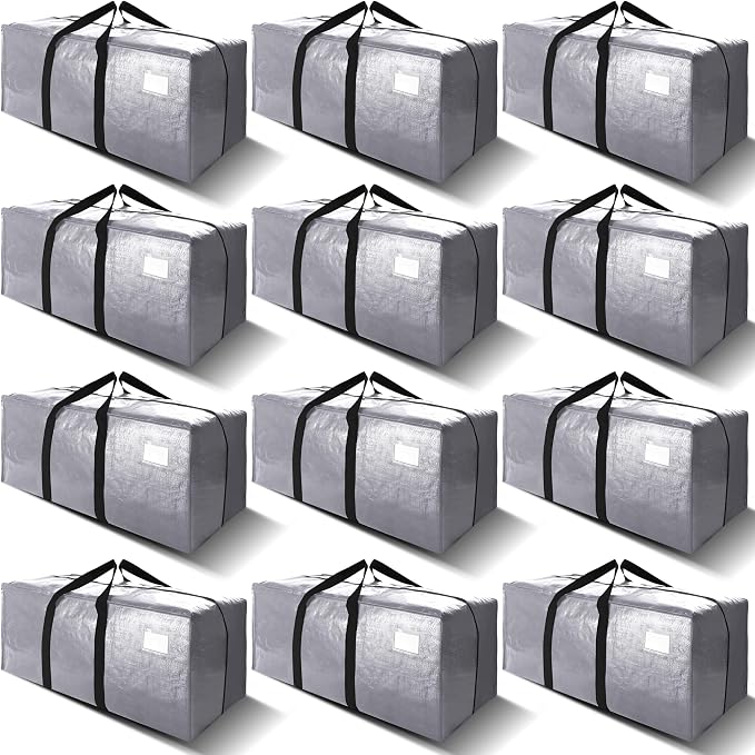 VELVETSURE 12 Pack Heavy Duty Extra Large Moving Bags W/Backpack Straps - Strong Handles & Zippers, Storage Totes For Space Saving, Fold Flat, Alternative to Moving Box and Storage Bin, Silver by VELVETSURE