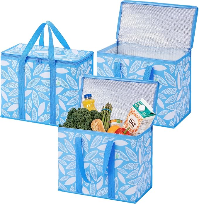 VENO 3 Pack Insulated Cooler Bag Reusable Grocery Bag for Food Delivery | Heavy Duty Large Collapsible Cooler Shopping Tote w/ Zippers, Foldable, Stands Upright for Camping (Spring Breeze, 3 Pack) by Veno