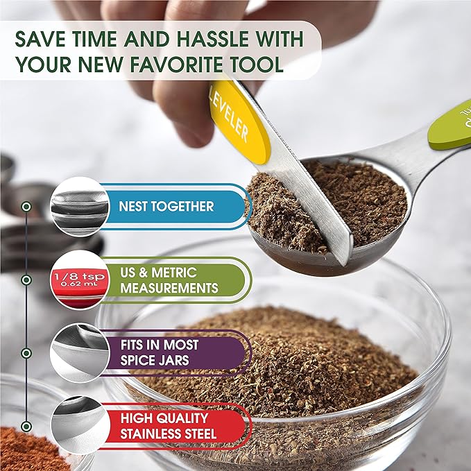 Spring Chef Magnetic Measuring Spoons Set of 8 for Kitchen, Multicolor | Stainless Steel Teaspoon & Tablespoon Measuring Spoons with Leveler for Dry & Liquid Ingredients, Dual Sided, Dishwasher Safe - Image 5