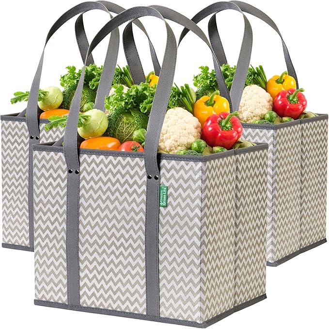 Reusable Grocery Bags (3 Pack) – Heavy Duty Reusable Shopping Bags with Box Shape to Stand Up and Stay Open – Large Tote Bags with Long Handles & Reinforced Bottom – Foldable Utility Bag – Chevron by CreativeGreenLife