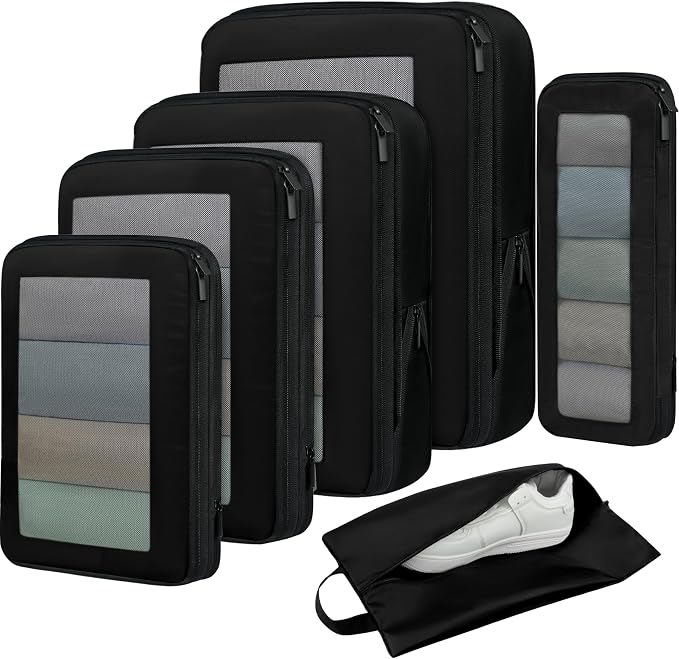 BAGAIL 4 Set/6 Set/8 Set Compression Packing Cubes Travel Accessories Expandable Packing Organizers (Square Mesh, 05-Jet Black) by BAGAIL