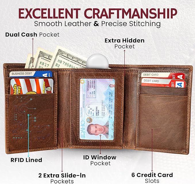 BULL GUARD Leather Trifold Wallets For Men In Grizzly Brown with ID and RFID Blocking Great For Work, Sports, Outdoors, No Logo Design - Image 5