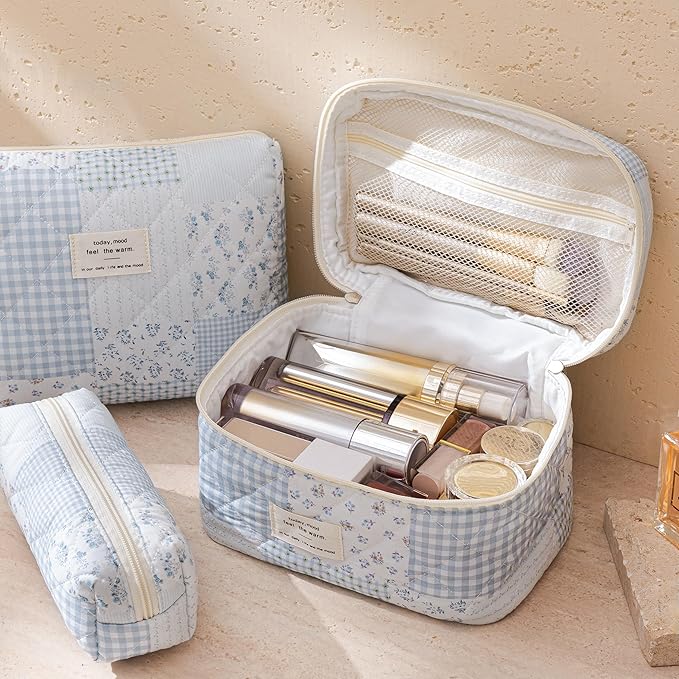 HBselect Quilted Makeup Bag, 3Pcs Cotton Large Travel Makeup Bags Organizer | Cute Floral Make up Bag Cosmetic Bag Toiletry Bag for Women Girls, Makeup Pouch for Skincare, Brushes & Travel Essentials - Image 3