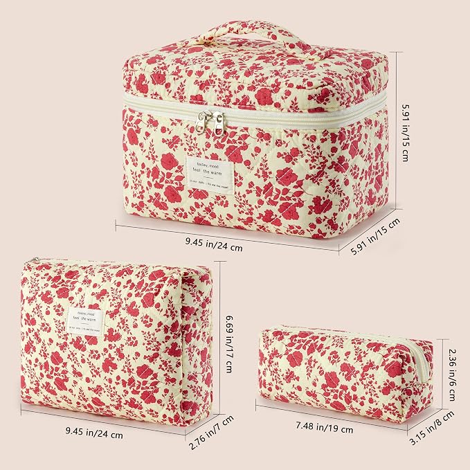 HBselect Quilted Makeup Bag, 3Pcs Cotton Large Travel Makeup Bags Organizer | Cute Floral Make up Bag Cosmetic Bag Toiletry Bag for Women Girls, Makeup Pouch for Skincare, Brushes & Travel Essentials - Image 5