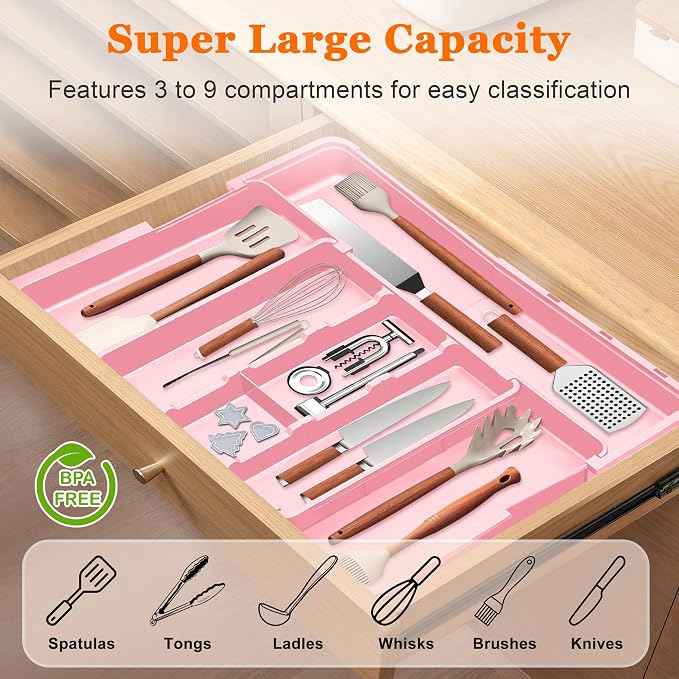 Large Utensil Drawer Organizer Expandable Silverware Organizer for Kitchen Drawer Adjustable Cooking Utensil Holder Cutlery Flatware Tray Spatula Tools Gadgets Storage Dividers Plastic Pink - Image 2