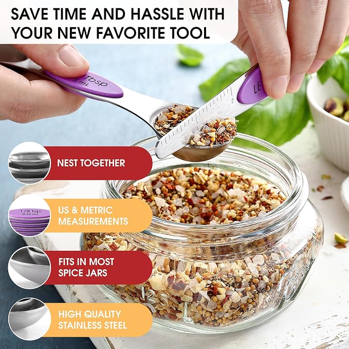Spring Chef Stainless Steel Magnetic Measuring Spoons Set of 8, Orchid | Nesting Teaspoon & Tablespoon Measuring Spoons w/ Leveler for Dry & Liquid Ingredients, Measure Spoons For Baking & Cooking - Image 5