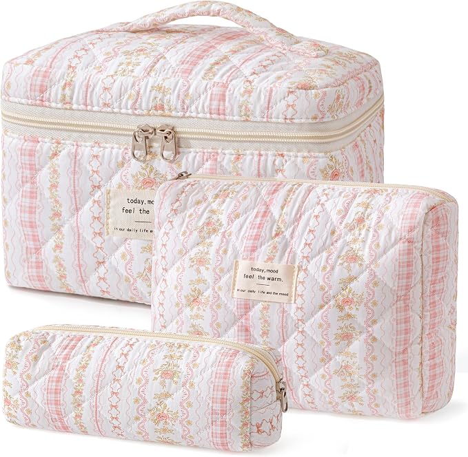 HBselect Quilted Makeup Bag, 3Pcs Cotton Large Travel Makeup Bags Organizer | Cute Floral Make up Bag Cosmetic Bag Toiletry Bag for Women Girls, Makeup Pouch for Skincare, Brushes & Travel Essentials by HBselect