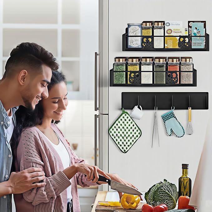 Magnetic Spice Rack for Refrigerator,Spice Organizer for Kitchen,Seasoning Organizer Rack,Magnetic Shelf with Hooks,Strong Magnet,Moveable,No Drilling(3 Pack,Black,Owl) - Image 2