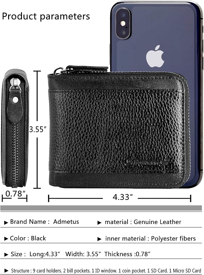 Admetus Mens RFID Blocking Wallets Zipper Leather Wallet for Men Bifold RFID Card Holder - Image 5