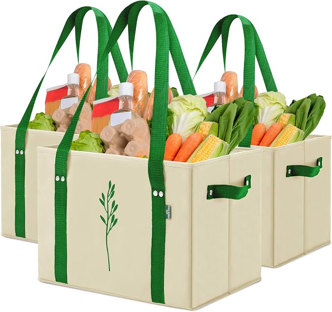 Green Bulldog Reusable Grocery Bags - Heavy Duty Reusable Shopping Tote Bags W/Long Handles, Foldable & Collapsible, Holds Up to 65 lbs - for Kitchen, Picnic 3 Pack by GreenBulldogBags
