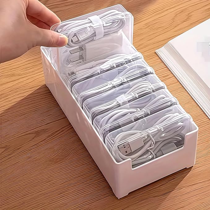 7 Grid Clear Cable Organizer Box with Switch for Desktop Cord Storage | Office desktop use, home wire sorting, stationery storage, detachable dividers, tidy cable arrangement - Image 4