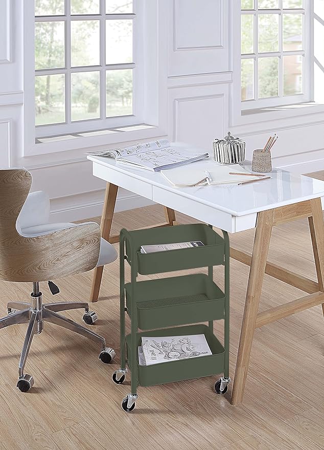 SunnyPoint 3-Tier Delicate Compact Rolling Metal Storage Organizer - Mobile Utility Cart Kitchen/Under Desk Cart with Caster Wheels - Army (15.35" X 10.24" X 26.8"H) - Image 4