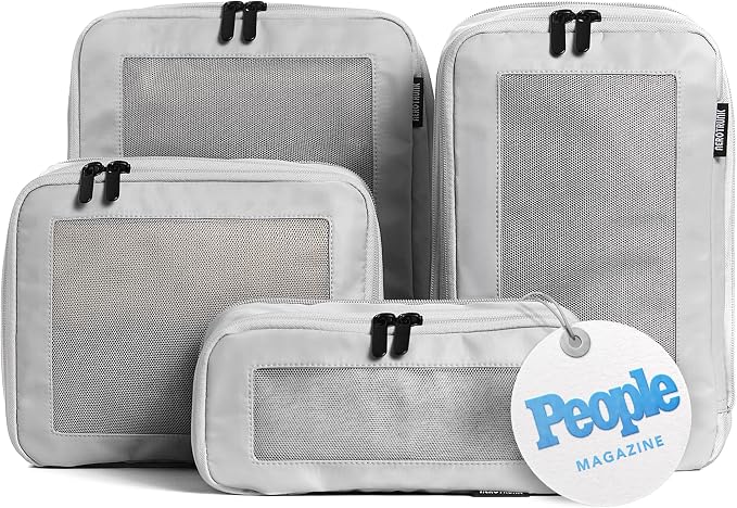 Compression Packing Cubes for Travel, 4-Pack, Light Grey | Solves overpacking, 4-Piece set fits most carry-ons, 50% Space savings, Compression luggage organizer bags by Aerotrunk