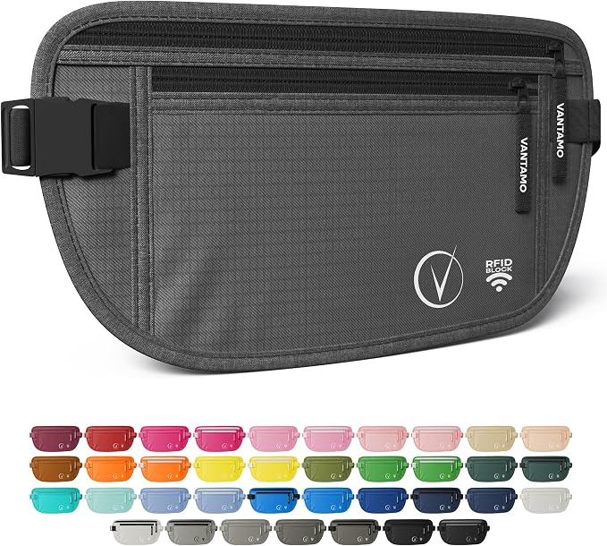 Vantamo Money Belt with RFID For Men & Women, Hidden Passport Holder for Travel, 2 Compartment Travel Fanny Pack for Women Anti Theft by Vantamo