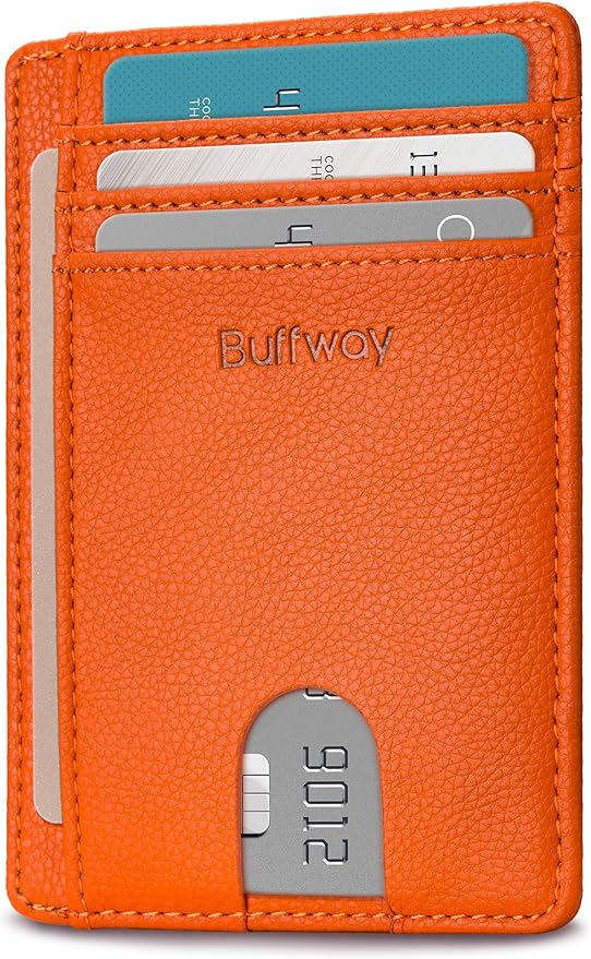Buffway Slim Minimalist Front Pocket RFID Blocking Leather Wallets for Men and Women - Lichee Orange by Buffway
