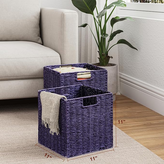 Wicker Storage Basket, Set of 2 Hand-Woven Wicker Basket, 11 inch Storage Basket, Foldable Cube Storage Organizer Bins, Storage Baskets for Organizing Shelves Decor, Purple (11″×11″×11″) - Image 6