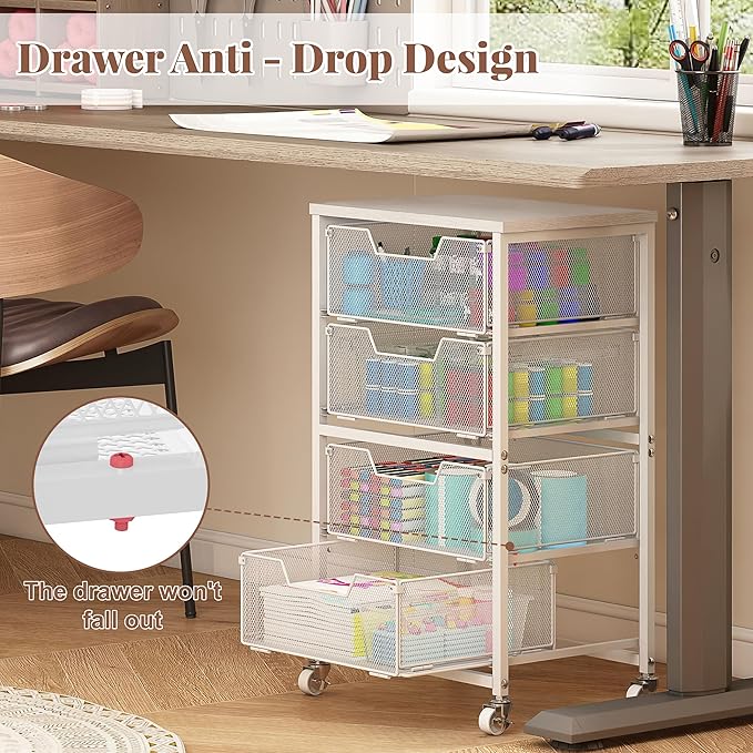 4-Drawer Rolling Storage Cart, Utility Cart with Drawers, White Metal Craft Cart Organizer with Wheels & Wooden Top, Art Supply Storage Organizer for Classroom, Office, Kitchen,Patent Pending - Image 5
