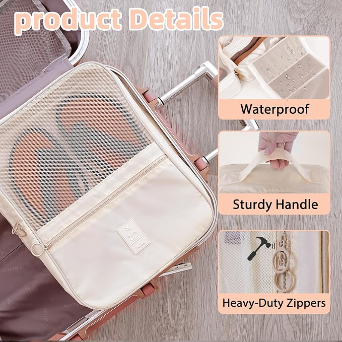 Large Shoe Bags for Travel Holds 4 Pair of Shoes, Shoe Storage Pouch with 3 Layers Compartments, Waterproof & Washable (Cream) - Image 6