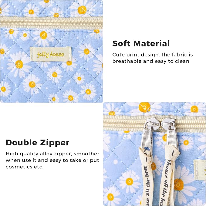 HBselect Quilted Makeup Bag, 3Pcs Cotton Large Travel Makeup Bags Organizer | Cute Floral Make up Bag Cosmetic Bag Toiletry Bag for Women Girls, Makeup Pouch for Skincare, Brushes & Travel Essentials - Image 5