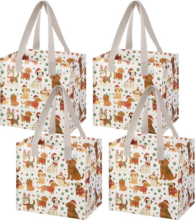 VENO 4 Pack Large Grocery Bag Reusable Shopping Bags with Hard Bottom | Utility Tote with Reinforced Handles, Heavy Duty, Foldable, Stand Upright, for Groceries Shopping Cart(Holiday Pups, 4 Pack) by Veno
