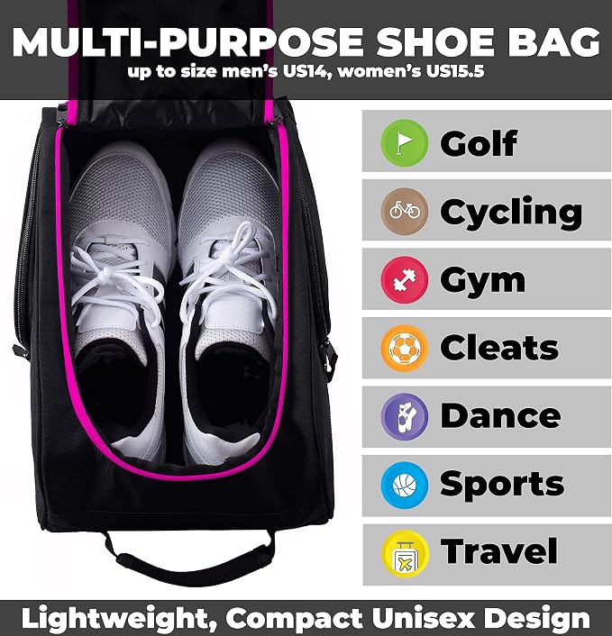 Athletico Golf Shoe Bag - Zippered Shoe Carrier Bags With Ventilation & Outside Pocket for Socks, Tees, etc. (Black/Pink) - Image 5