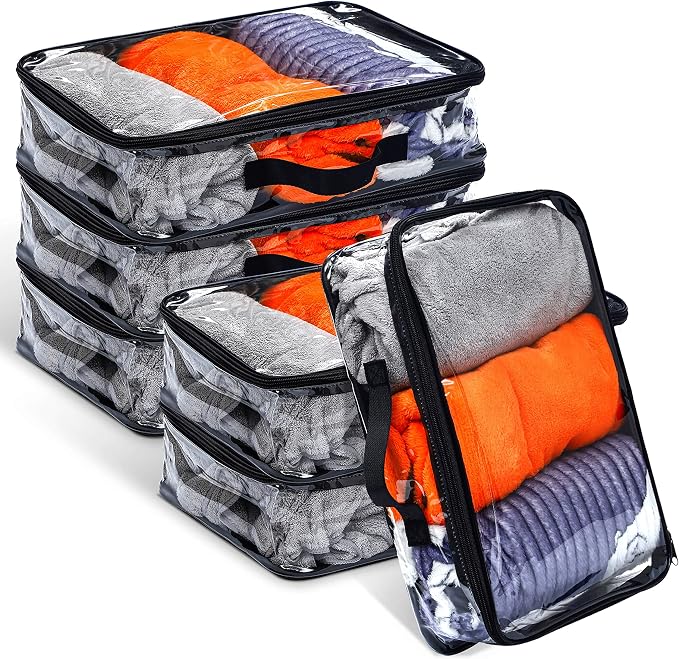 6 Pieces Large Clear Travel Packing Cube Clear Vinyl Zippered Storage Bags See Through Moving Bag PVC Multipurpose Pouch with Handle for Suitcase Shirts Dress Storage (Black, 15.8 x 10.2 x 3.9 Inch) by Hillban