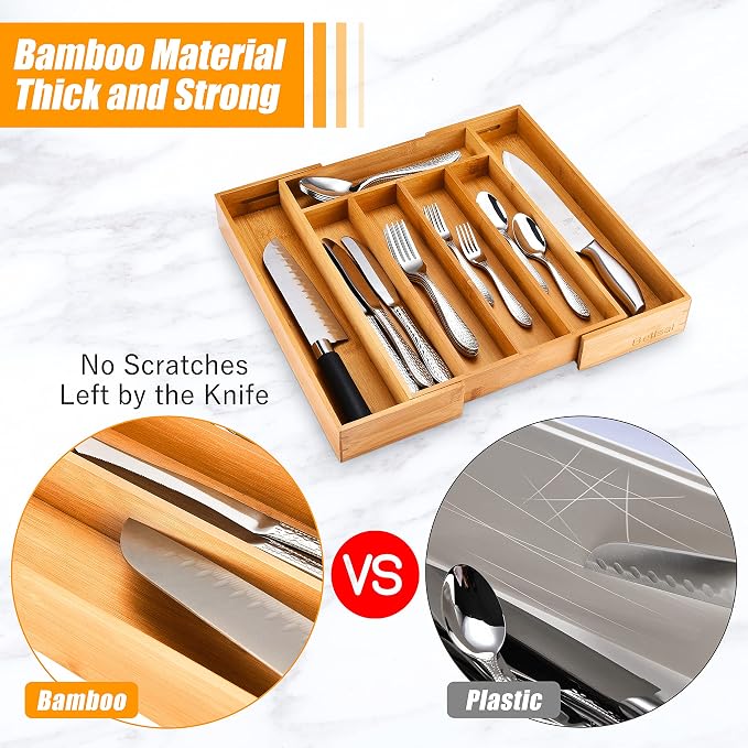 Bellsal Silverware Organizer Kitchen Drawer Organizer Expandable Bamboo Utensil Holder Cutlery Tray for Kitchen Utensil and Flatware Bedroom Office - Image 4